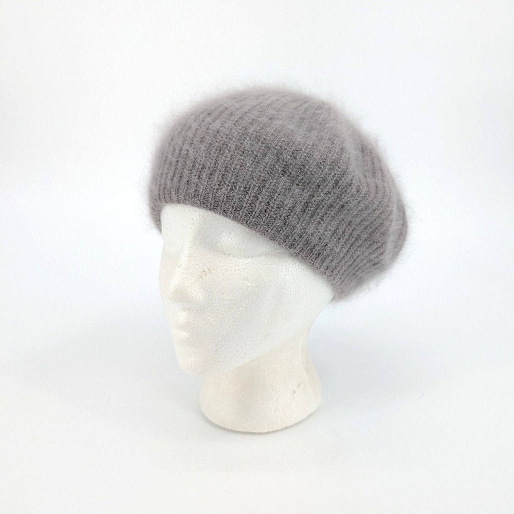 Grey Angora Blend Fuzzy Knit Beret‎ Hat Ribbed Parisian Style
